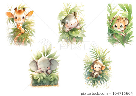 Set of cute baby woodland animals lion, hippopotamus, elephant, monkey and giraffe in palm leaves Illustration isolated drawings by hand. Perfect for nursery poster. Set of cute baby woodland animals lion, hippopotamus, elephant, monkey and giraffe in palm leaves Illustration isolated drawings by hand. Perfect for nursery poster. 104715604