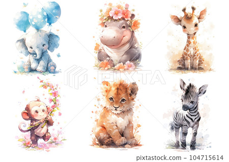 Set of cute baby woodland animals Hippo, elephant, giraffe, lion, monkey and zebra Illustration isolated drawings by hand. Perfect for nursery poster. 104715614
