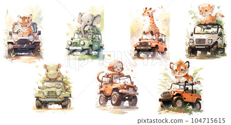Set of cute baby woodland animals giraffe, elephant, lion, hippopotamus, tiger, zebra and monkey ride in a jeep Illustration isolated drawings by hand. Perfect for nursery poster. Set of cute baby woodland animals giraffe, elephant, lion, hippopotamus, tiger, zebra and monkey ride in a jeep Illustration isolated drawings by hand. Perfect for nursery poster. 104715615