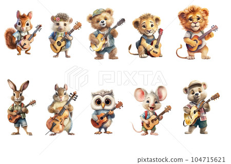 Safari Animal set squirrel, hedgehog, bear, lion, hare, owl, mouse with musical instruments in watercolor style. Isolated flat vector illustration 104715621