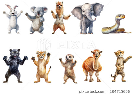 Safari Animal set hare, koala, llama, elephant, snake, panther, cheetah, camel, leopard in watercolor style. Isolated flat vector illustrationanther, cheetah, camel, leopard 104715696