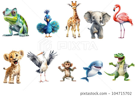 Safari Animal set chameleon,peacock, giraffe, elephant, flamingo, lion, stork, monkey, dolphin, crocodile in watercolor style. Isolated flat vector illustration 104715702