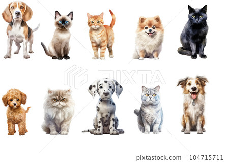 Safari Animal set cats and dogs of different breeds in watercolor style. Isolated flat vector illustration 104715711