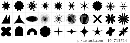 Geometric figures in the style of brutalism. Trendy geometry. Crowns and stars and daisy flowers. Set with different shapes 104715714