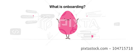Banner what is onboarding. Illustration with funny characters - geometric shapes. Books and graphs and speech bubbles . Vector business illustration Banner what is onboarding. Illustration with funny characters - geometric shapes. Books and graphs and speech bubbles . Vector business illustration 104715718