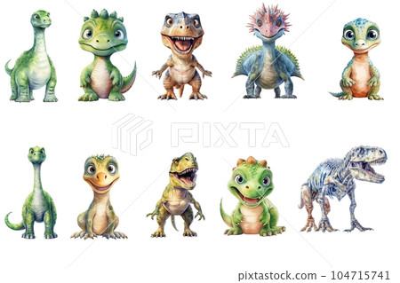 Safari Animal set dinosaur skeleton and dinosaurs of different sizes in watercolor style. Isolated flat vector illustration 104715741