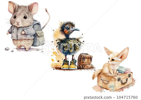 Safari Animal set a fennec fox with a suitcase, a gray mouse with a bag, an ostrich bird in boots with a travel bag in watercolor style. Isolated vector illustration Safari Animal set a fennec fox with a suitcase, a gray mouse with a bag, an ostrich bird in boots with a travel bag in watercolor style. Isolated vector illustration 104715760