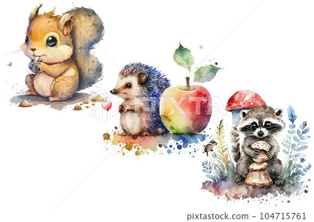 Safari Animal set squirrel with nuts, hedgehog with apple, raccoon with mushroom in watercolor style. Isolated vector illustration Safari Animal set squirrel with nuts, hedgehog with apple, raccoon with mushroom in watercolor style. Isolated vector illustration 104715761