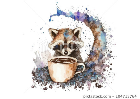 Raccoon with coffee mug in watercolor style. Isolated vector illustration Raccoon with coffee mug in watercolor style. Isolated vector illustration 104715764