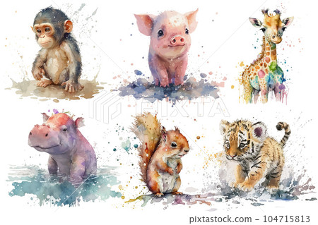 Safari Animal set hippopotamus, tiger, pig, squirrel, giraffe, chimpanzee in watercolor style. Isolated vector illustration Safari Animal set hippopotamus, tiger, pig, squirrel, giraffe, chimpanzee in watercolor style. Isolated vector illustration 104715813