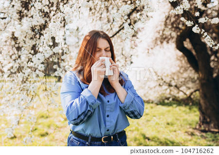 Sneezing young redhead woman with nose wiper among blooming trees in park. Portrait of sick women sneezes in white tissue, suffers from rhinitis and running nose. Symptoms of cold or allergy. Sneezing young redhead woman with nose wiper among blooming trees in park. Portrait of sick women sneezes in white tissue, suffers from rhinitis and running nose. Symptoms of cold or allergy. 104716262