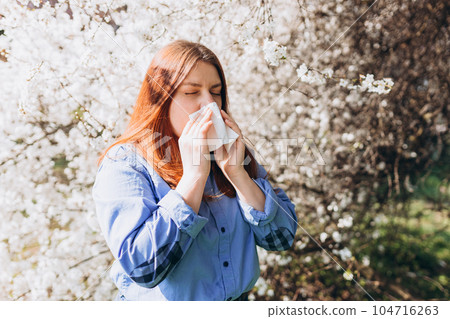 Sneezing young redhead woman with nose wiper among blooming trees in park. Portrait of sick women sneezes in white tissue, suffers from rhinitis and running nose. Symptoms of cold or allergy. Sneezing young redhead woman with nose wiper among blooming trees in park. Portrait of sick women sneezes in white tissue, suffers from rhinitis and running nose. Symptoms of cold or allergy. 104716263