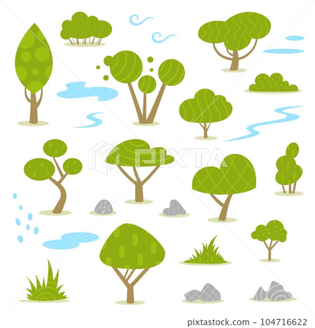 Set of various trees bushes grass water and stones assets for landscape design 104716622