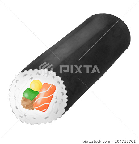 Cute and delicious salmon seaweed maki roll sushi hand draw 104716701