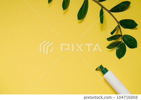 Minimal composition with skin care cosmetics and green on a yellow background. Flat lay, copy space. 104716808