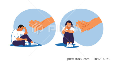 Psychotherapy, help and support, a counseling session concept. Sad man and woman getting help and cure from stress. Helping hand. Vector illustration. Psychotherapy, help and support, a counseling session concept. Sad man and woman getting help and cure from stress. Helping hand. Vector illustration. 104716930