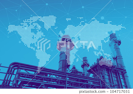 Power plant petroleum gas oil chemical factory overlay world map for worldwide business industry logistics concept. 104717031