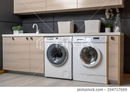 A clean and organized laundry room featuring modern washing and drying appliances, AI Generative. 104717089