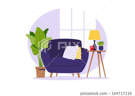 Modern armchair with mini table. Interior of the living room with furniture. Flat cartoon style. Vector illustration. Modern armchair with mini table. Interior of the living room with furniture. Flat cartoon style. Vector illustration. 104717116