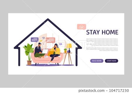 Women and man sitting in a sofa and working online at home. Landing page. Social distancing and self-isolation during corona virus quarantine. Vector illustration. Flat style. Women and man sitting in a sofa and working online at home. Landing page. Social distancing and self-isolation during corona virus quarantine. Vector illustration. Flat style. 104717230