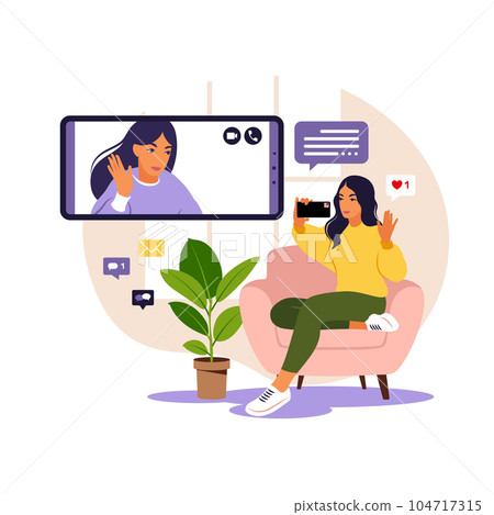 Woman using phone for collective virtual meeting and group video conference. Woman chatting with friends online. Video conference, remote work, technology concept. 104717315