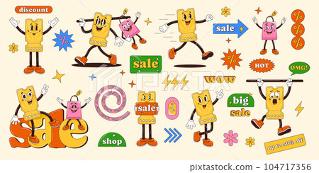 Sale coupon retro groovy character, gloved hands. Vector illustration. Funny trendy cartoon set with element and characters. Bag, discount tag, abstract geometric shapes 104717356