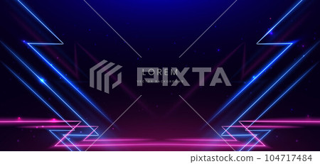 Abstract blue and pink neon diagonal glowing on dark blue background with lingthing effect sparkle. 104717484