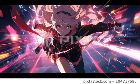 一個女孩機器人跑過一座近未來的城市 一個女孩機器人跑過一座近未來的城市 104717683