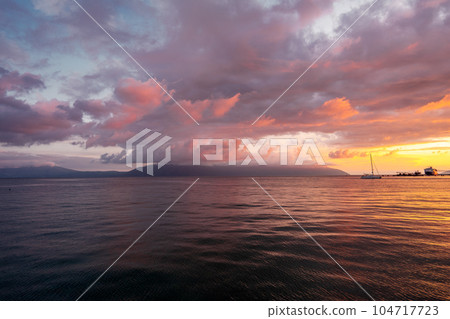 Sunset view over the bay, shot from drone, red sky, in Albania 104717723
