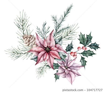 Christmas bouquet of red poinsettia flower, pine cone, ilex,and emerald spruce branch, evergreen tree, fir, cedar. Botanical Winter flowers. Hand painted watercolor illustration for wedding invitation 104717727