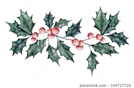 Christmas bouquet of ilex branches with red berries. Emerald holly leaves. Botanical Winterberry banner. Hand painted watercolor illustration for wedding invitation, pack, christmas card 104717728