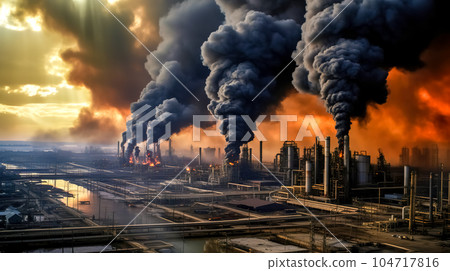 industrial factories pollute the air with toxic smoke from the chimney, made with Generative AI industrial factories pollute the air with toxic smoke from the chimney, made with Generative AI 104717816