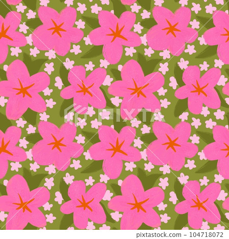 Hand drawn seamless pattern with pink green shabby chic flower floral elements lines dots leaves, ditsy summer spring botanical nature print, bloom blossom stylized petals. 104718072