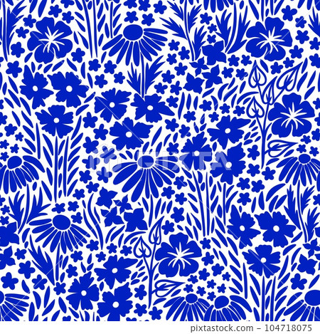 Hand drawn seamless floral flower pattern with cobalt blue wildflowers on white background. Chinoiserie style cottagecore summer garden meadow bloom blossom design, daisy ditsy art . 104718075