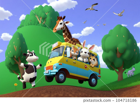 AI 生成的圖像，公交車上的動物在森林中行駛 104718186