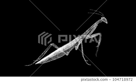 3D mantis on black bg. Insect Mantis. Wild animals concept. Protection of the environment. Zoo concept. For title, text, presentation. Object made of shimmering particles. 3d animation. 3D mantis on black bg. Insect Mantis. Wild animals concept. Protection of the environment. Zoo concept. For title, text, presentation. Object made of shimmering particles. 3d animation. 104718972
