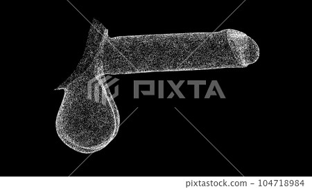 3D penis with testicles on black bg. Male reproductive system. Scientific medical concept. For title, text, presentation. Object dissolved flickering particles. 3d animation. 104718984
