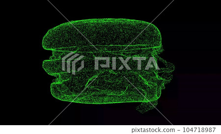 3D burger on black background. Fast food concept. For title, text, presentation. Object made of shimmering particles. 3d animation. 3D burger on black background. Fast food concept. For title, text, presentation. Object made of shimmering particles. 3d animation. 104718987