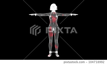 The spread of pain through the girl's body. 3D Sexy lady in BDSM outfit on black bg. BDSM accessory, Nipple clasp, metal chain. BDSM concept. For title, text, presentation. 3D animation. 104718992