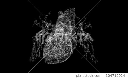 3D human heart on black bg. Cardiovascular system human body. Object dissolved flickering particles. Scientific medical concept. For title, text, presentation. 3d animation. 3D human heart on black bg. Cardiovascular system human body. Object dissolved flickering particles. Scientific medical concept. For title, text, presentation. 3d animation. 104719024