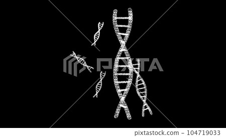 3D DNA helix on black bg. Object dissolved flickering particles. Scientific medical concept. For title, text, presentation. 3d animation. 104719033