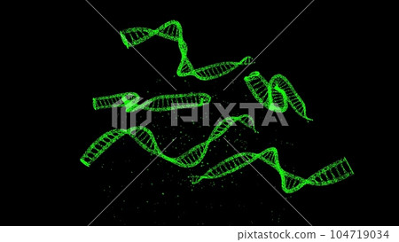 3D DNA on black bg. Object dissolved flickering particles. Scientific medical concept. For title, text, presentation. 3d animation. 3D DNA on black bg. Object dissolved flickering particles. Scientific medical concept. For title, text, presentation. 3d animation. 104719034