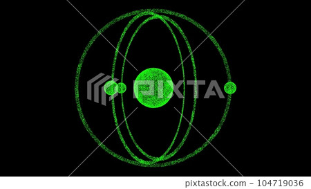 3D atom model with a nucleus and electrons on black bg. Object dissolved flickering particles. Scientific concept. For title, text, presentation. 3d animation. 3D atom model with a nucleus and electrons on black bg. Object dissolved flickering particles. Scientific concept. For title, text, presentation. 3d animation. 104719036