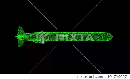 3D cruise missile on black background. Object made of shimmering particles. War weapon concept. For title, text, presentation. 3d animation. 3D cruise missile on black background. Object made of shimmering particles. War weapon concept. For title, text, presentation. 3d animation. 104719037