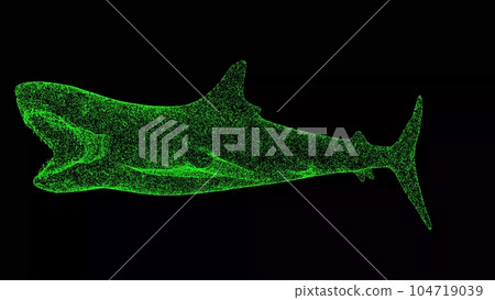 3D Shark with open mouth on black background. Object made of shimmering particles. Wild animals concept. For title, text, presentation. 3d animation. 3D Shark with open mouth on black background. Object made of shimmering particles. Wild animals concept. For title, text, presentation. 3d animation. 104719039