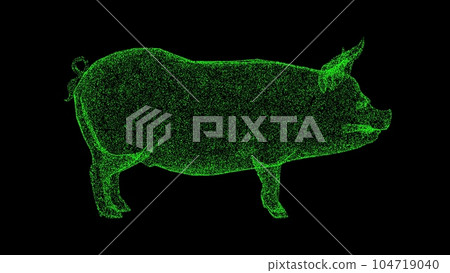 3D pig on black background. Object made of shimmering particles. Animal concept. For title, text, presentation. 3d animation. 3D pig on black background. Object made of shimmering particles. Animal concept. For title, text, presentation. 3d animation. 104719040