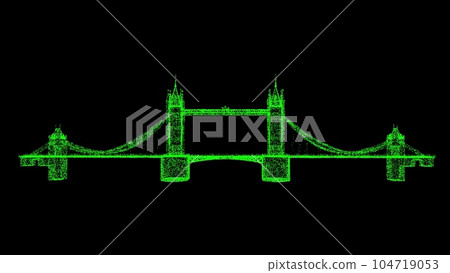 3D Tower Bridge London on black background. Object made of shimmering particles. Architectural travel concept. For title, text, presentation. 3d animation. 3D Tower Bridge London on black background. Object made of shimmering particles. Architectural travel concept. For title, text, presentation. 3d animation. 104719053