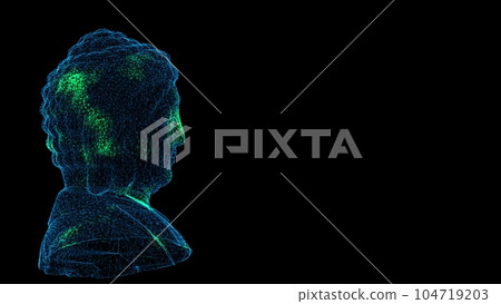 3D Buddha on black bg. Religious Divine concept. Peace and mindfullness symbol. Buddhism and meditation. For title, text, presentation. Shimmering particles. 3d animation. 104719203
