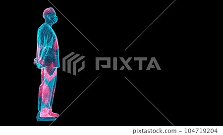 3D figure of a surgeon Scan on black bg. Surgeon with hands folded behind. HUD surgeon analyze. Scientific medical concept. For title, text, presentation. 3d animation. 3D figure of a surgeon Scan on black bg. Surgeon with hands folded behind. HUD surgeon analyze. Scientific medical concept. For title, text, presentation. 3d animation. 104719204