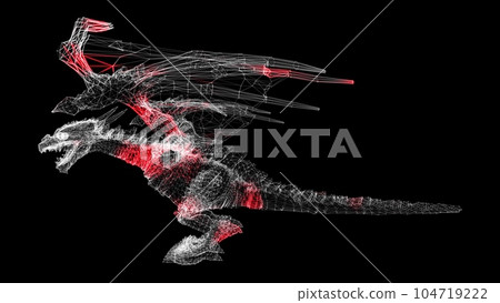 3D dragon on black background. Object made of shimmering particles. A fabulous fantasy concept. For title, text, presentation. 3d animation. 3D dragon on black background. Object made of shimmering particles. A fabulous fantasy concept. For title, text, presentation. 3d animation. 104719222